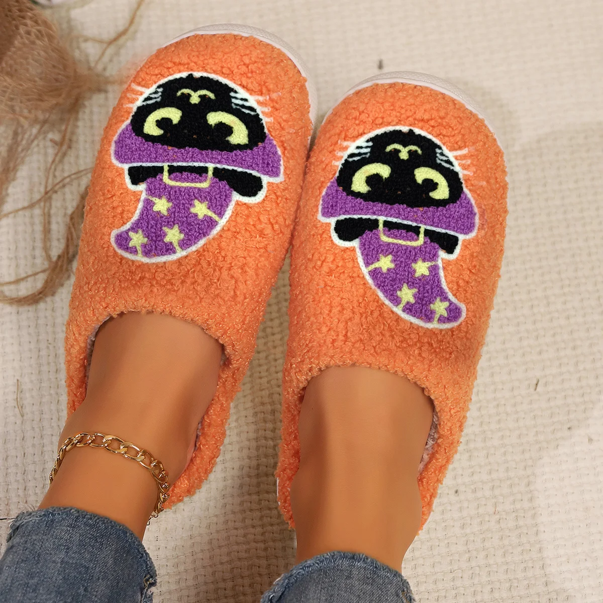Ladies' Slippers Halloween Winter Orange Cat Indoor Home Plush Warm Slippers