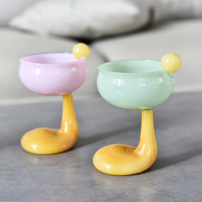 Round Bowl Goblet Dessert Glass Mug S-shaped Cup Stem Ice Cream Bowl Cup Milkshake Dessert Cup Colored Borosilicate Glass