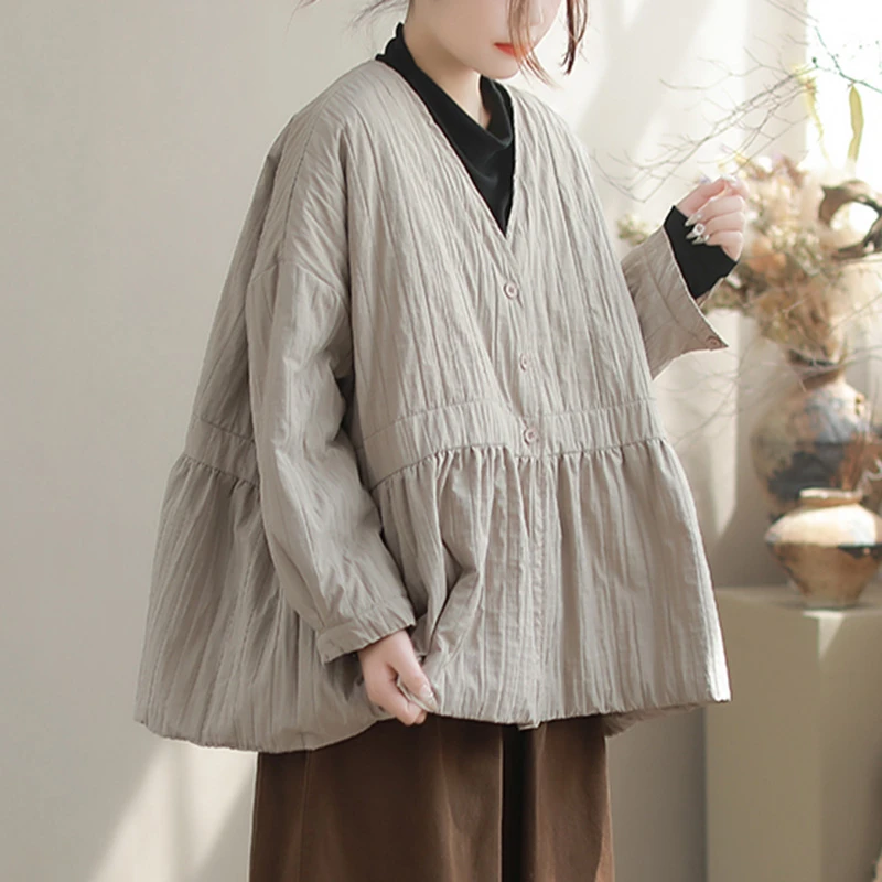 

Women Casual Quilted Coats New Arrival 2025 Autumn Vintage Style V-neck Solid Color Loose Female Long Sleeve Basics Jackets T776