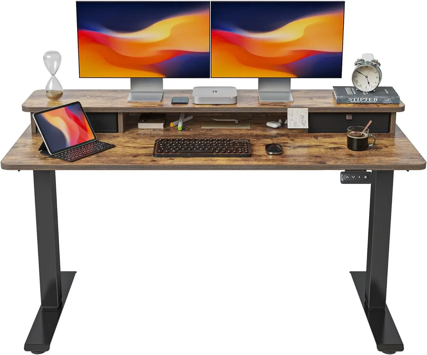 

55 x 24 Inch Height Adjustable Electric Standing Desk with Double Drawer Stand Up Desk with Storage Shelf Sit Stand Desk Rustic