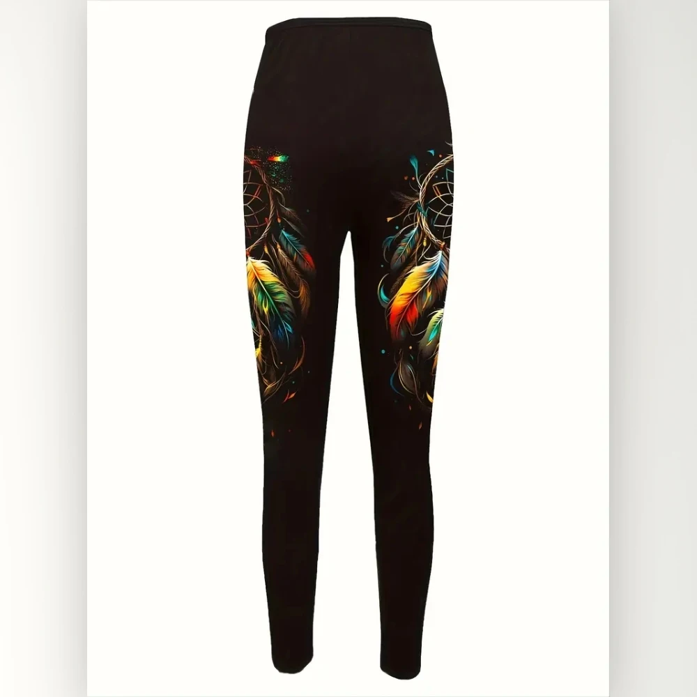 Dreamcatcher print elastic elastic waist slim casual leggings for women