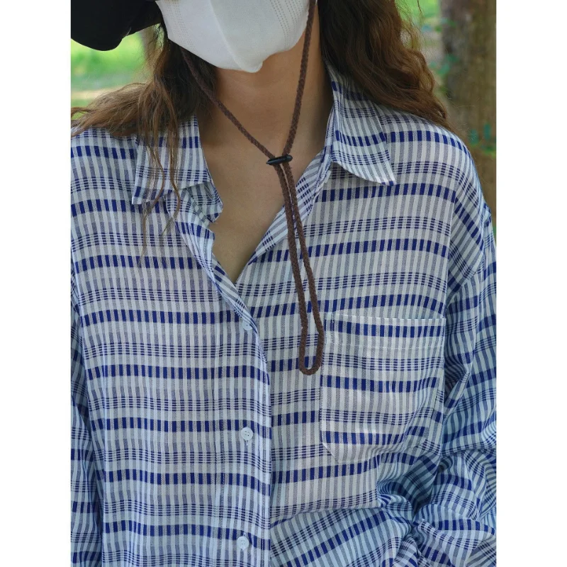 Summer Striped Shirts Loose Tops Women Plaid Blouses Korean Style Silhouette Casual Long-sleeved Sun Protection Blue Grid Pocket