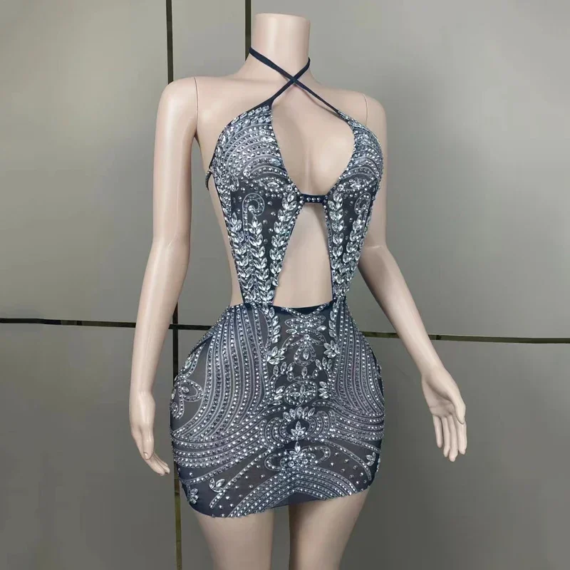 Full Shiny Rhinestones Cutout Mini Party Dresses Women Singer Celebrate Dress Costumes Festival Outfit Stage Performance Wear