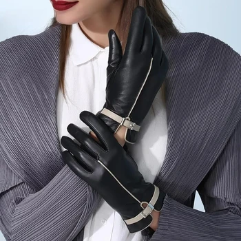 Guantes elegantes de cuero para motocicleta para mujer, guantes térmicos de alta calidad con pantalla táctil genuina para otoño, primavera e invierno, a la moda