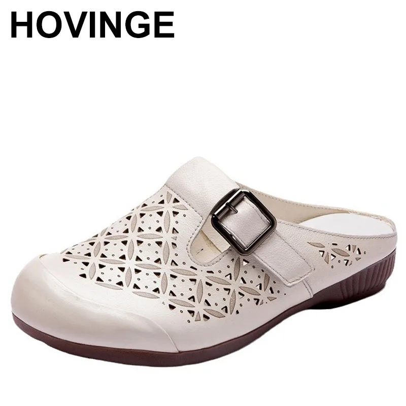 

Top Layer Cowhide Summer Hollow Toe Women's Slippers Flat Heel Retro Mom Shoes Genuine Leather
