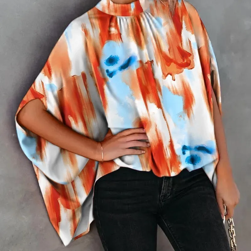 

Casual Loose Women's Blouse Fashion Batwing Sleeve Print O-neck Shirts Top 2025 Spring Summer Office Lady Blouses Elegant Tops