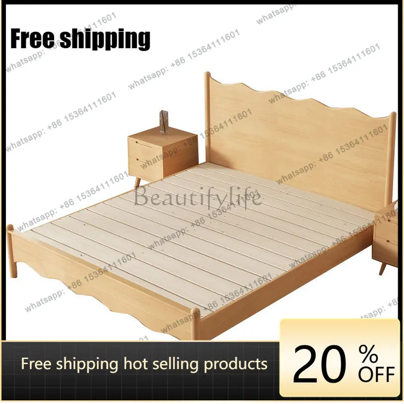 LX Nordic style solid wood double bed modern simple small apartment log color storage bed
