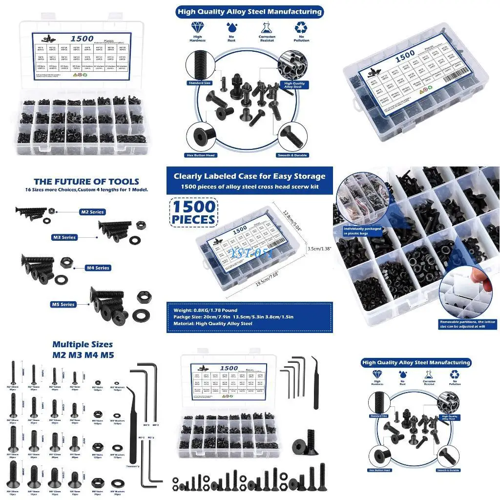 

E15A 1500Pcs Countersunk Screws Machine Bolt Screws Nut Washers with Wrenches