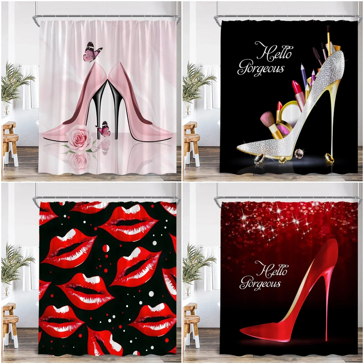

Red High-heels Shower Curtains Cosmetics Red Lips Pink Bathroom Decorations Modern Fashion Girl Beauty Bath Curtain with Hooks