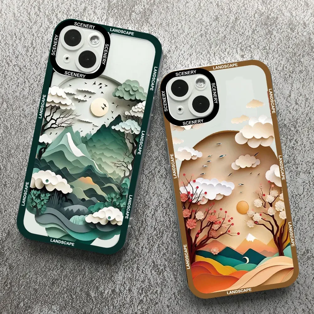 Funda de teléfono con paisaje impreso para IPhone, 15, 14, 11, 12, 13, 16 Pro Max, Mini, XS, X, XR Plus, SE2020, Creative Mountains, Clear Soft Cover