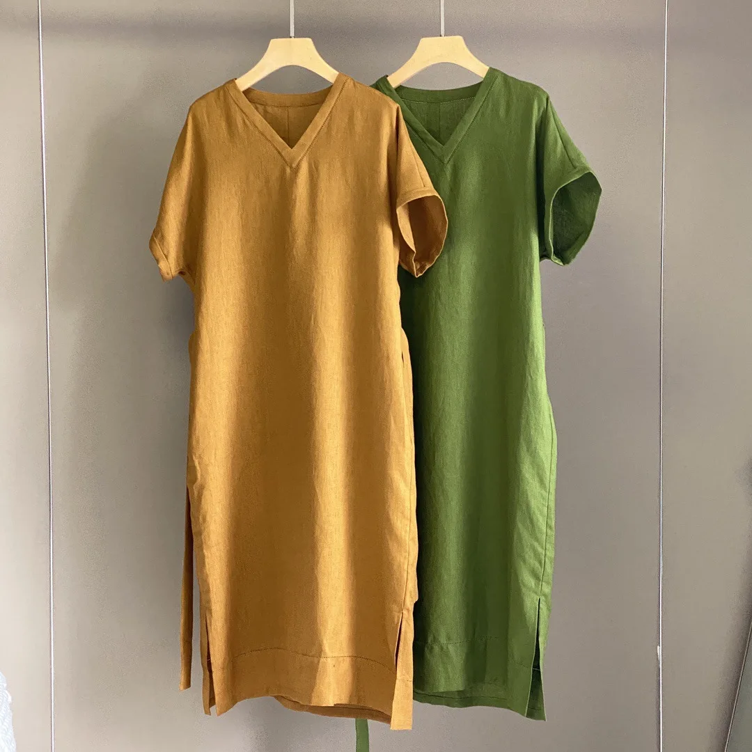 

25 Spring Summer New Solid Color Casual Vintage Long Linen Dresses for Women