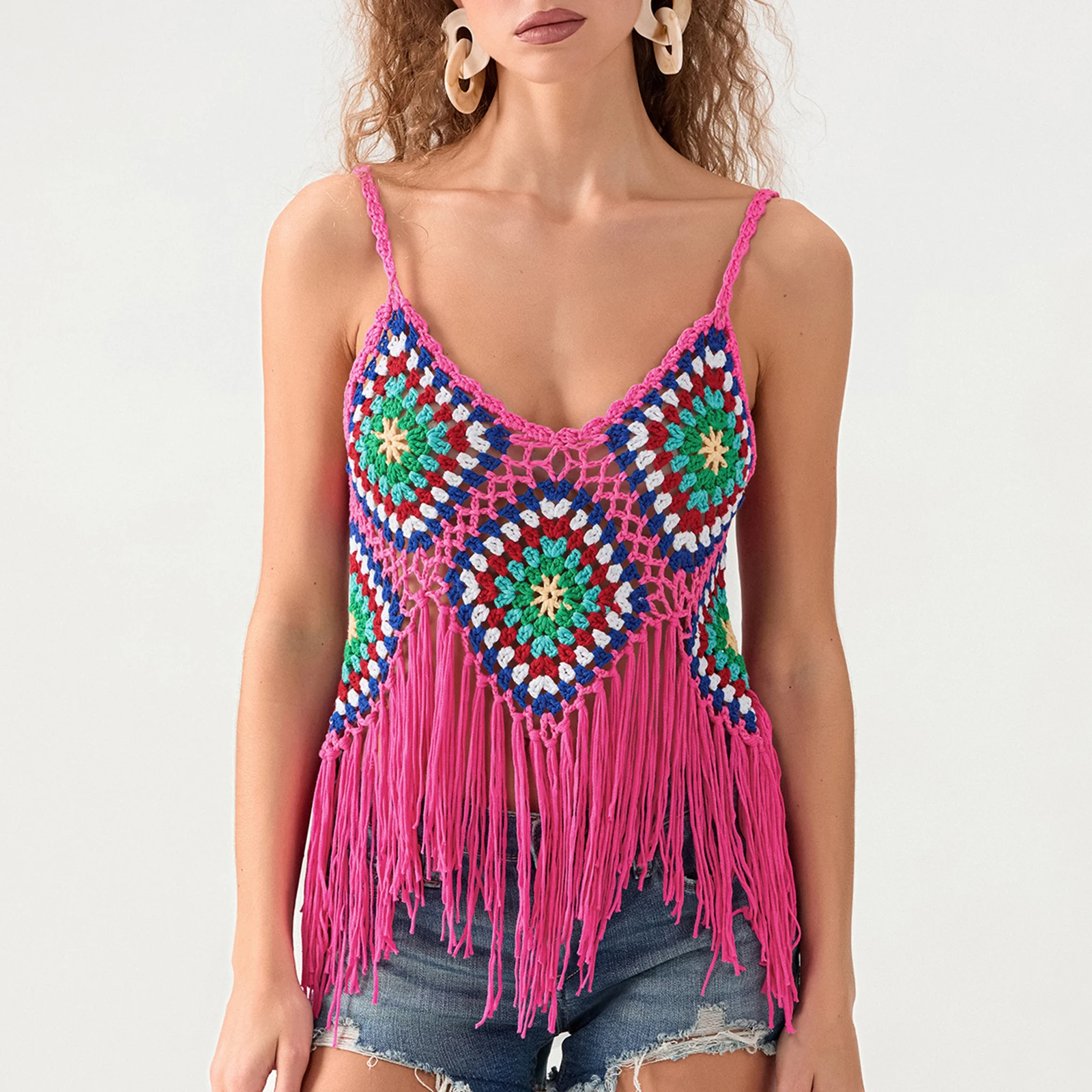 Summer Crochet Beach Tops Women Knitted Tank Tops Hollow Eyelet Tassel Trim Asymmetric Hem Sleeveless V-Neck Beachwear