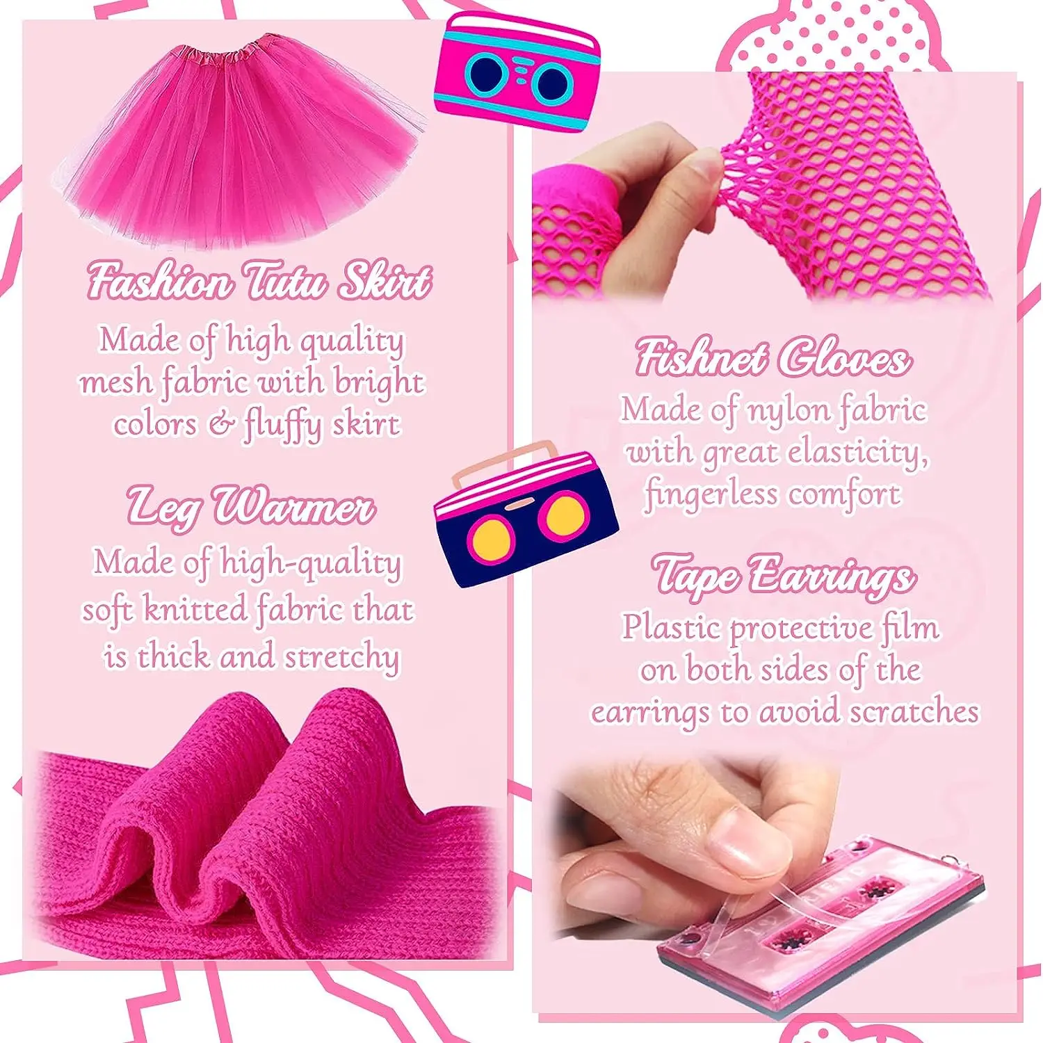 80년대 파티 의상 액세서리 레그 워머 귀걸이 Fishnet 장갑 목걸이 안경 팔찌 머리띠, 80년대 파티를 위한 복고풍 복장