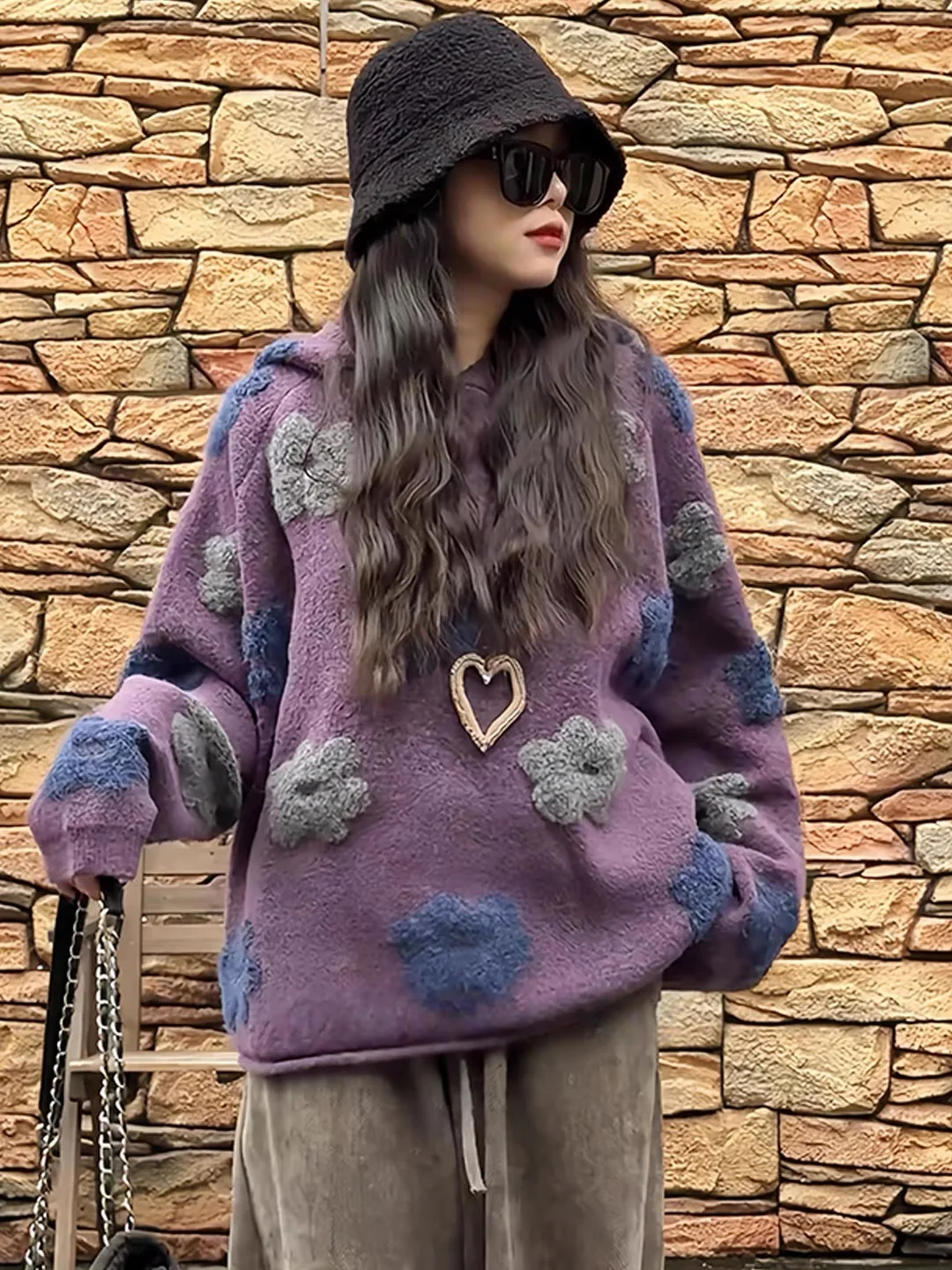 

Свободная толстовка с капюшоном и цветочной вышивкой, трикотаж, женский шерстяной свитер, осень-зима, повседневный удобный утягивающий пуловер C135