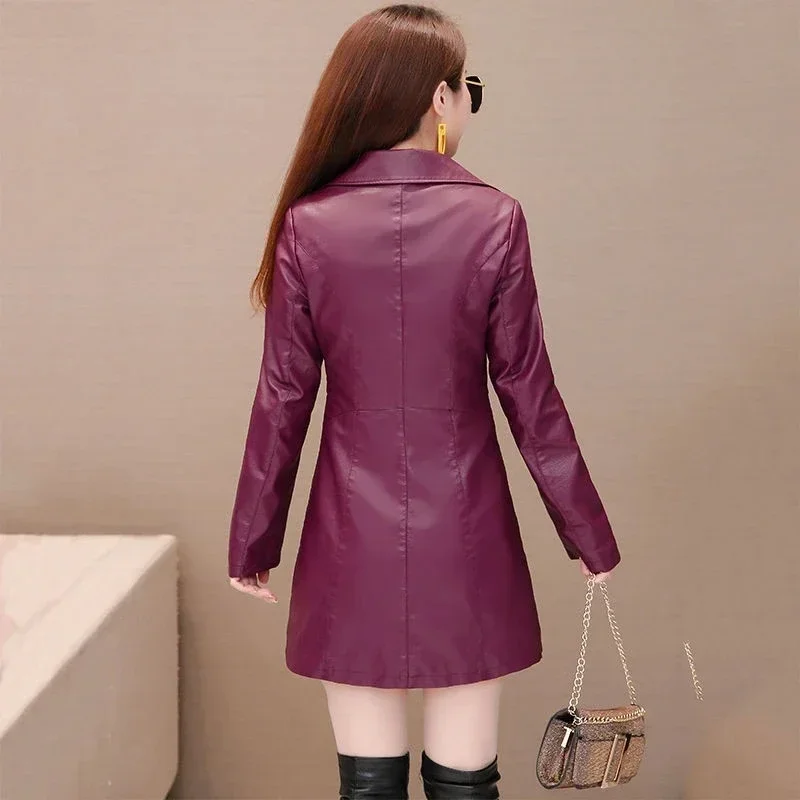 Pop Women Leather Jacket Spring Autumn New Long Women'S Leather Coat  Fashion Punk Female Motorcycle  Faux Leather  Streetwear