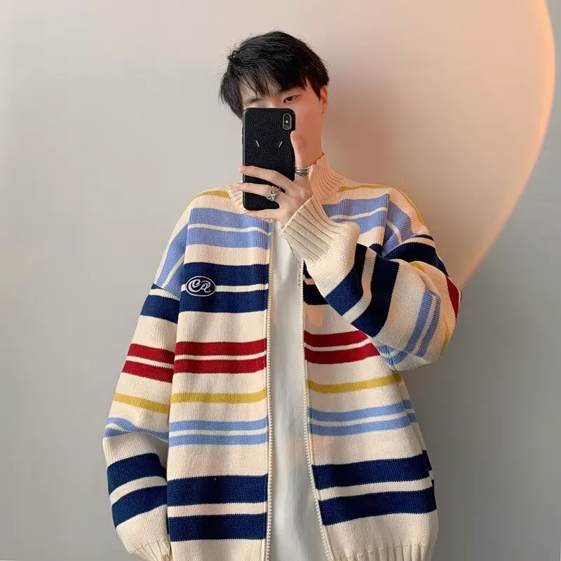 

Autumn Winter Large Size Men's Knitwear Open Cardigan Sweater Striped Collar Loose Outerwear Casual Hong Kong Sle Faion B...