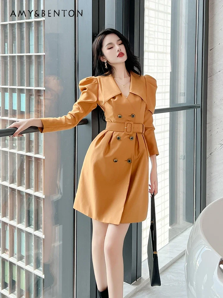 Commuter Style Lapel Collar Suit Dress Women Autumn Temperament High-end Jacket French Graceful Long Sleeve Slim Midi Dresses