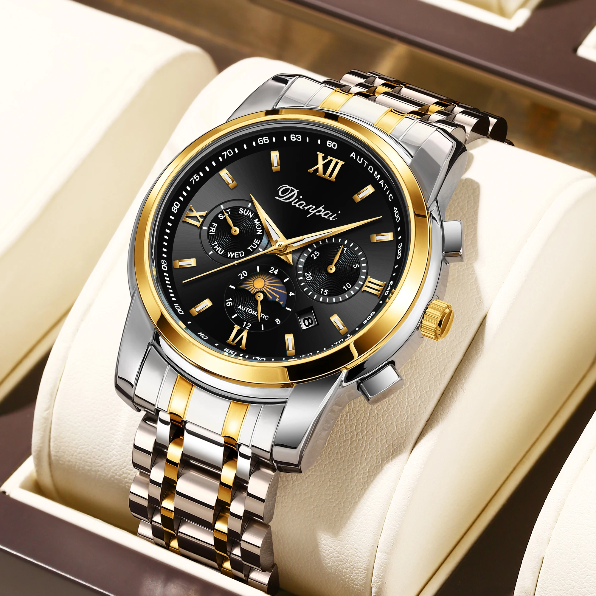 

Мужские элегантные автоматические механические часы с 24-часовой датой и неделей, прозрачной задней панелью, водонепроницаемым корпусом из цинкового сплава на 30 метров.