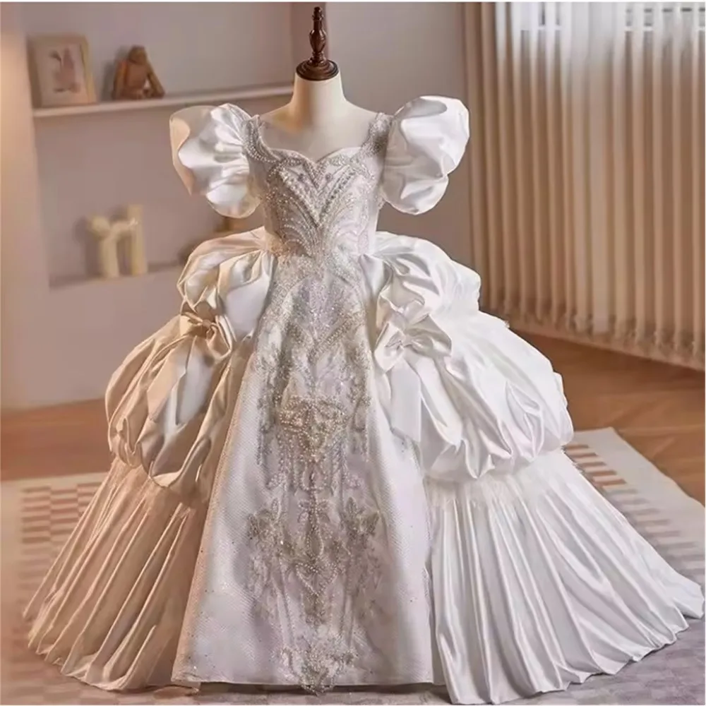 

Vintage Flower Girl Wedding Dress Sequins Beading Lace Puff Sleeve Girl Dress Princess Birthday Prom First Communion Ball Gown