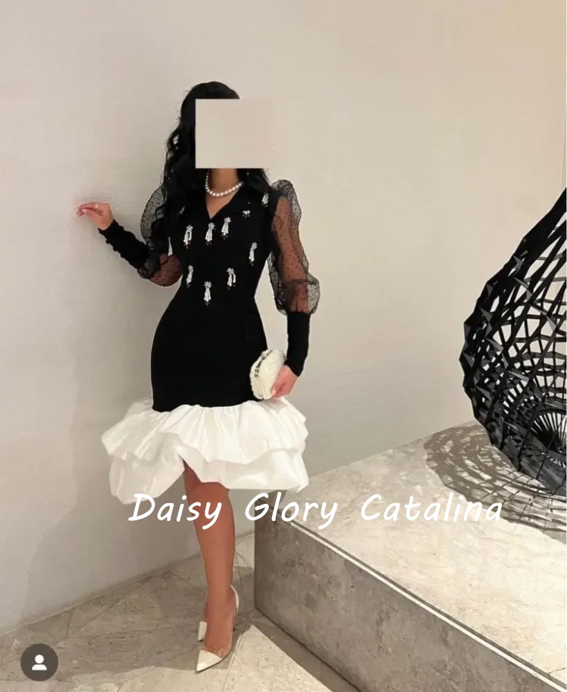 

Black Mermaid 2-piece Evening Dress Tea Length Formal Occasion Dresses Long Sleeves Dubai Women's Prom Dresses Party Gown