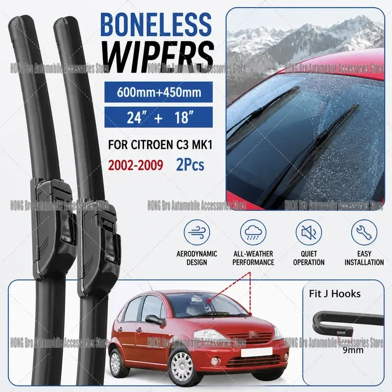 For Citroen C3 MK1 2002-2009 U Hook Frameless Windshield Wiper Blades Soft Rubber Bracketless Auto Accessories 24 18 Inch