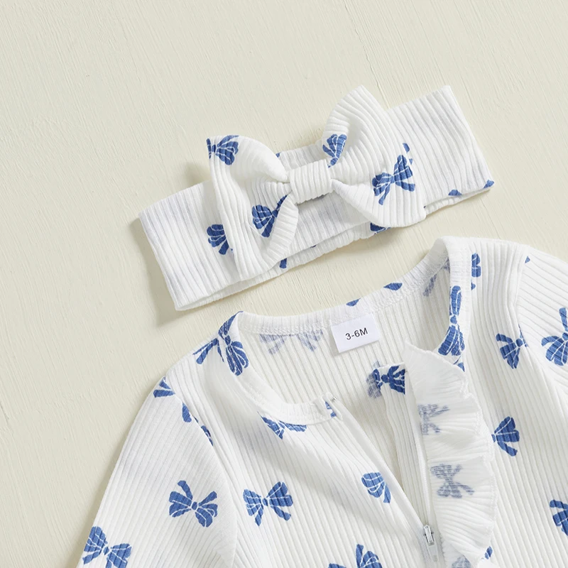 طفلة 2 قطعة ملابس الخريف كشكش كم طويل القوس طباعة بذلة مع عقال مجموعة ملابس الوليد