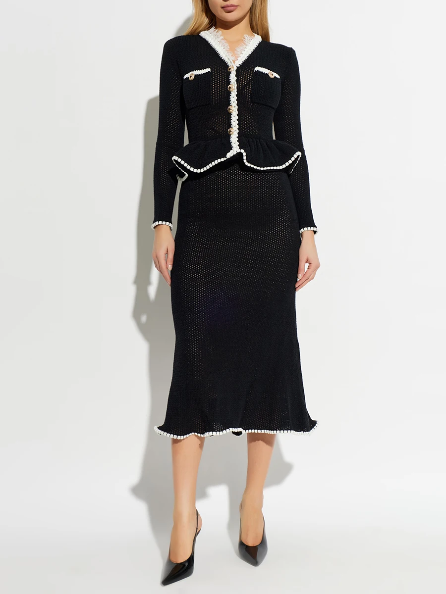 VGH Art Exhibition Elegant Knit Midi Dress for Women O Neck Slim Long Sleeves Contrast Peplum Hem Design Skirt for Romantic Date