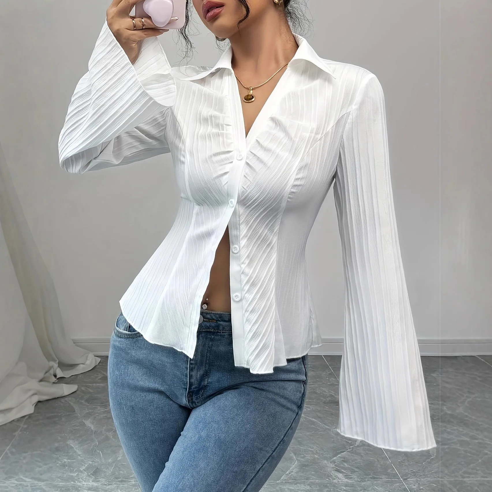 

Spring Autumn Women's Elegant V-neck Single Breasted Shirt Solid Striped Turn Collar Long Sleeve Shirts And Blouses