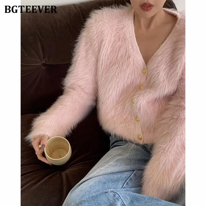 BGTEEVER Casual Soft Warm Female Open Stitch Sweaters Autumn Winter Thick Loose V-neck Knitted Cardigans Women