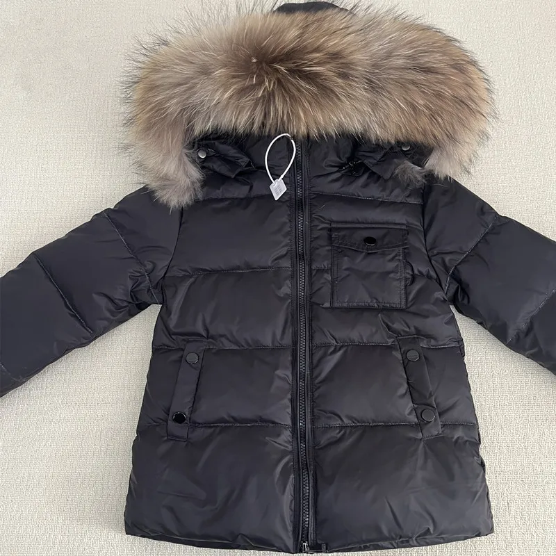 Kids Winter Down Jacket Shiny Real Raccoon Fur Collar Toddler Boys Hooded Coat Baby Girls Warm Snowsuit Children's Parkas