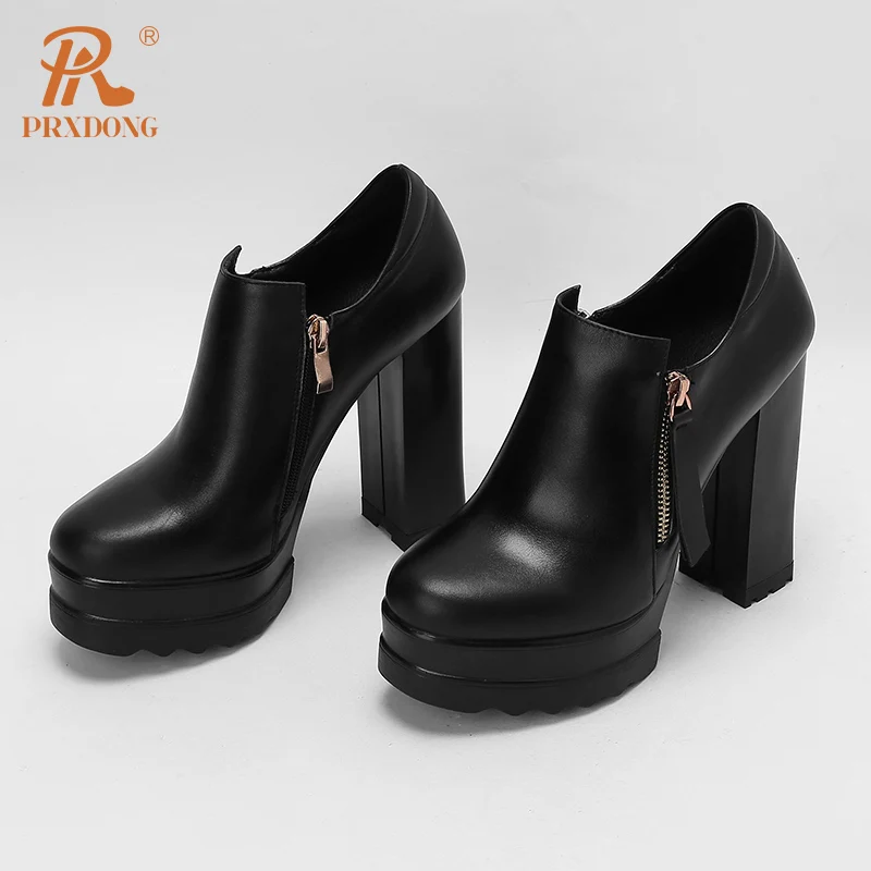 PRXDONG New Fashion Genuine Leather Spring Autumn Women Pumps High Heels Thick Platform Shoes Black Beige Dress Party Office 40