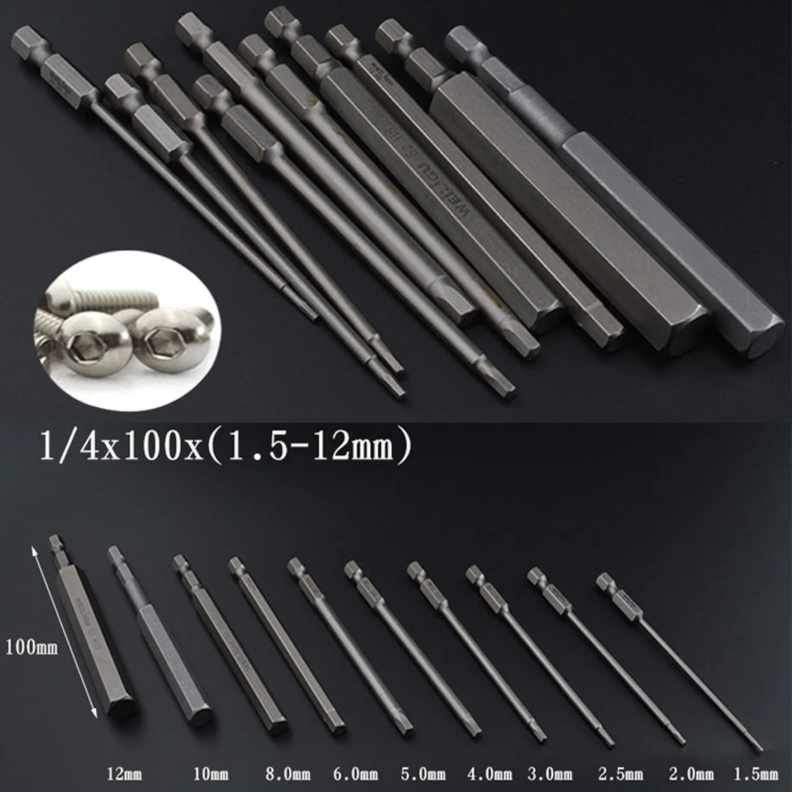 100mm 1/4 Pneumatic Screwdriver Nozzle 6.3mm Round Shank Nut 6 Square Head Wrench Hexagonal Electric Drill Tool Set