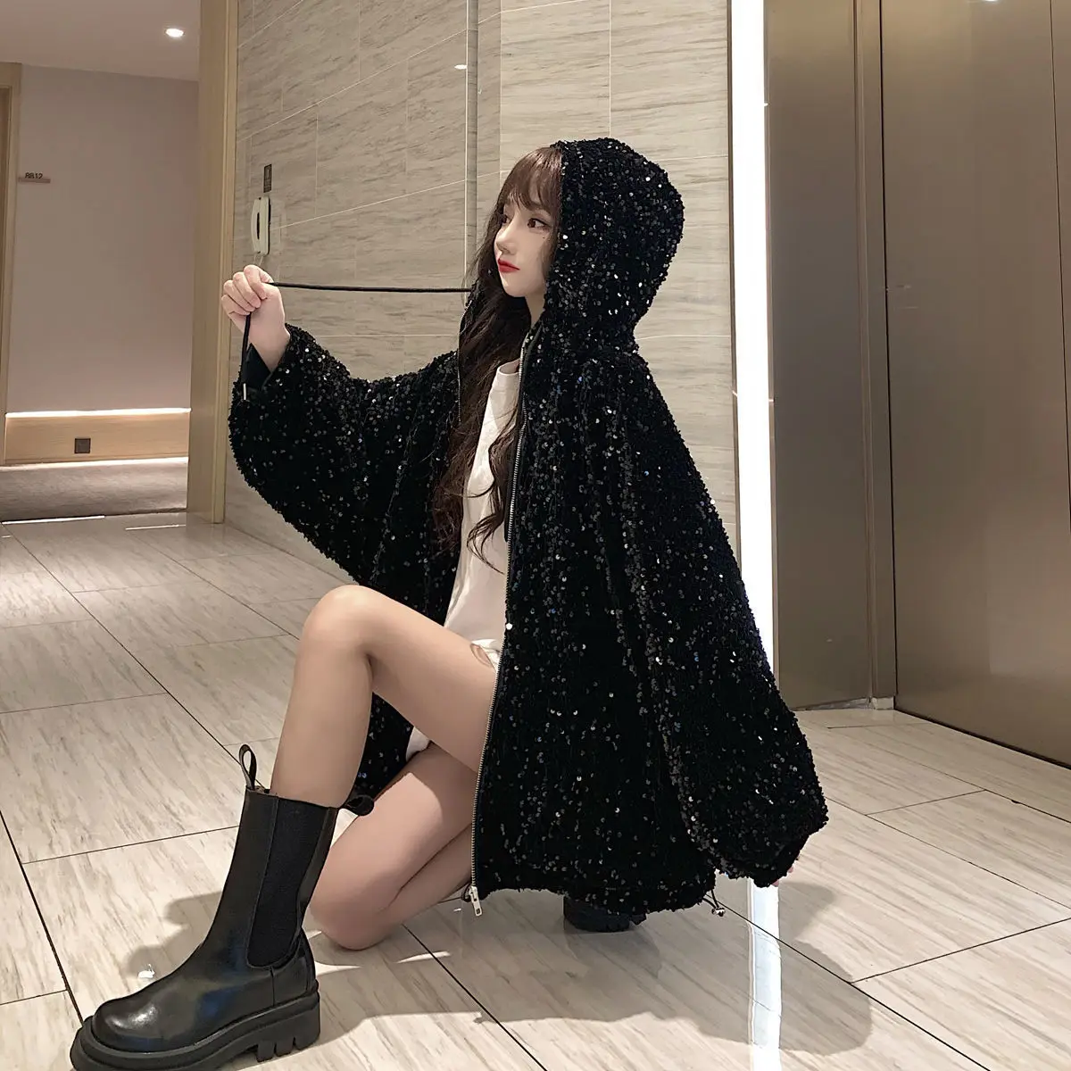 3colors 2023 Korean Women Autumn Sequins Fashion Hooded Women Jacket 2023 Large size Loose Korean Women's Jackets Female