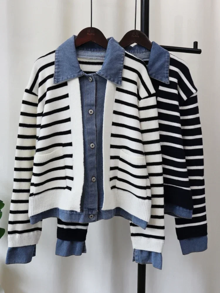 2024 Autumn Winter New Loose Elegant Fake Two-piece Sweater Jacket Women's Fashion Striped Patchwork Denim Knitted Cardigan