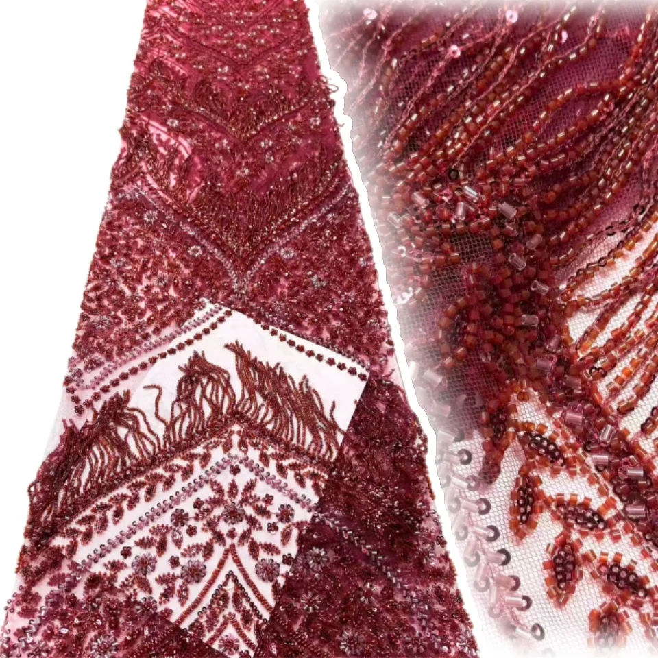 

Hot Sale Lace Fabric Red Sequin Beaded Embroidery French Mesh African High Quality Fabric for Sewing Wedding Party Dresses 2069