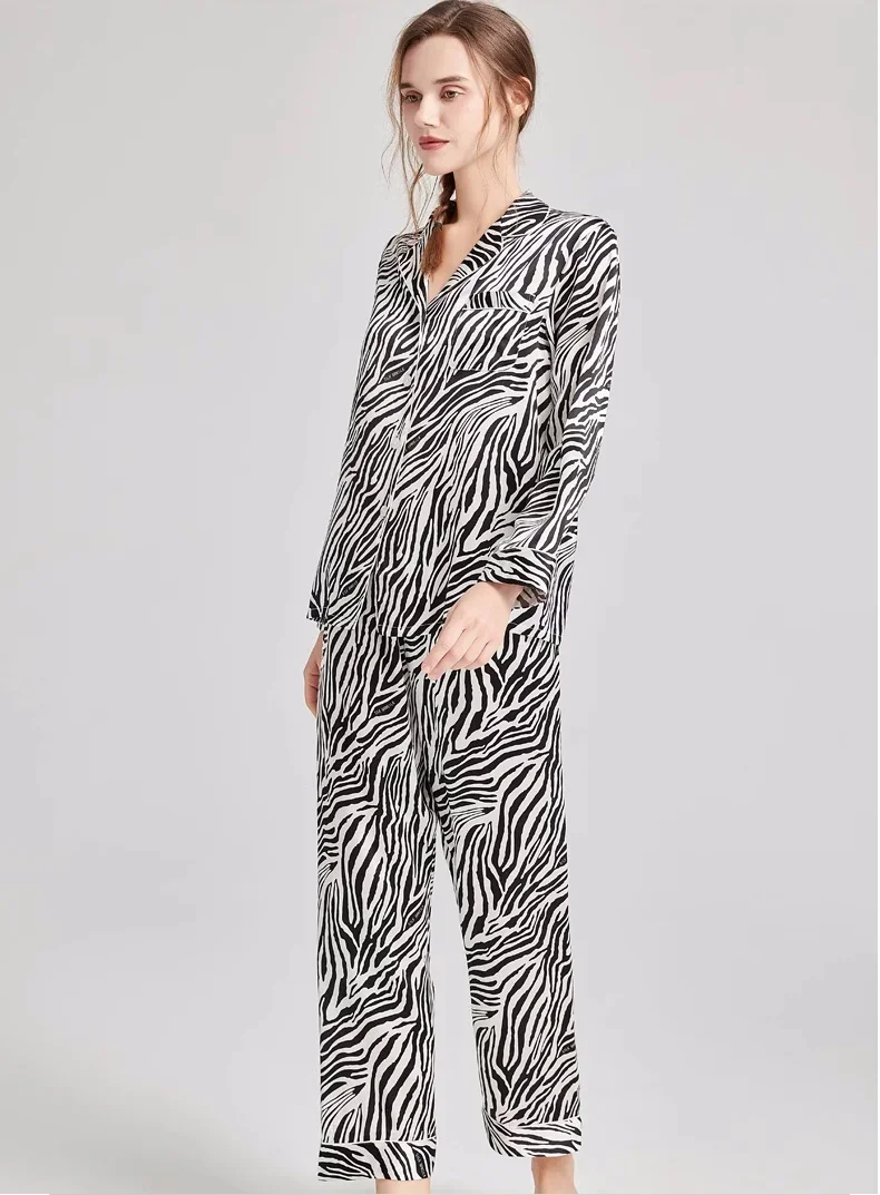 Pure Silk Pajama Set Zebra Stripe Silk Pajamas For Women Ladies Sleepwear Set Cardigan Long Sleeve Top Trousers Home Pajamas