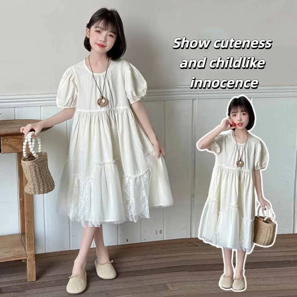 

Fashion Loose Girls Puff Sleeve Dress Lace Pleated Summer Kids Dresses Teenagers Party Children Princess Dress Holiday