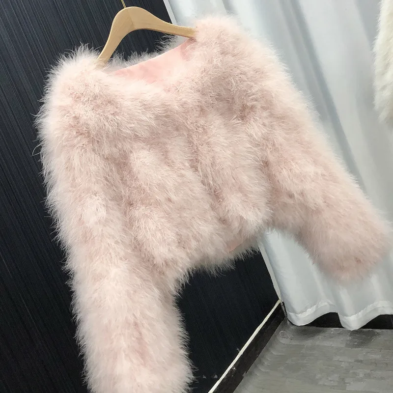 Long Sleeve Women Winter Real Ostrich Feather Jacket Fluffy Warm Party Evening Coat