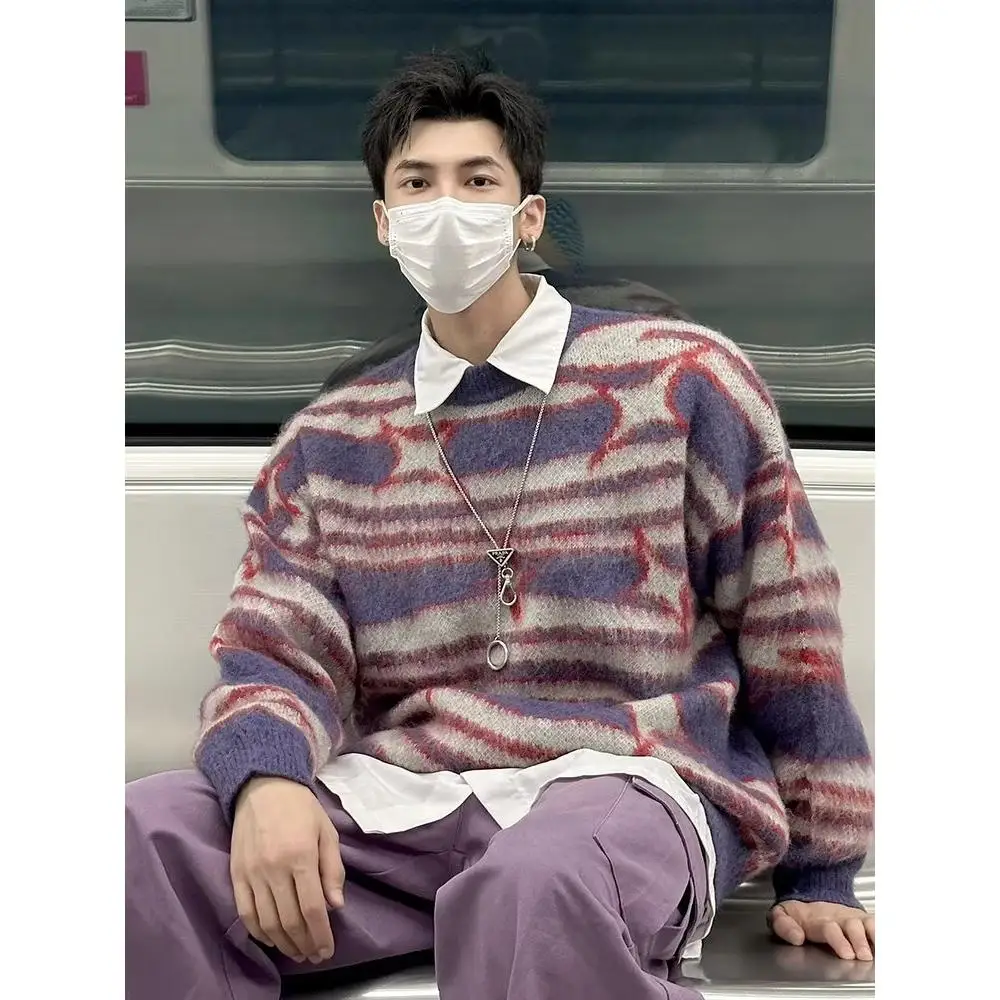 

Модный мужской вязаный свитер, зимняя верхняя одежда, полосатый цвет adient, американский ленивый слей, высококачественный повседневный длинный свеч...