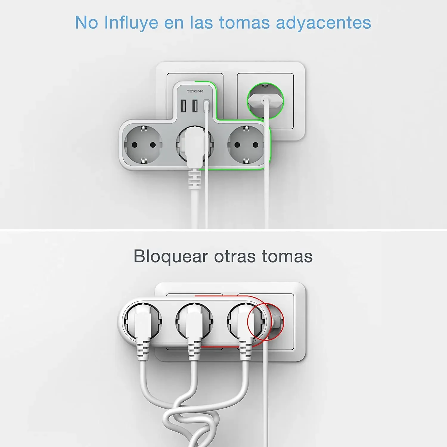 TESSAN-adaptador de enchufe USB, 6 en 1, con 3 enchufes Schuko, 2 USB-A y 1 puerto tipo C, adaptador de enchufe múltiple para el hogar