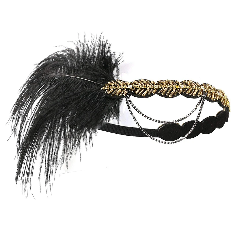 

Women's Gatsby Accessories Black Feather Carnival Headpiece Gold Shiny Rhinestone Metal Chain 1920s Party Forehead Decorations