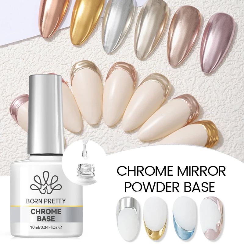BORN PRETTY 10ml Chrom-Spiegel-Puder Basis-Gel-Lack für Metallische Glitzer-Nägel DIY Französische Nägel Abziehbares Funktionsgel