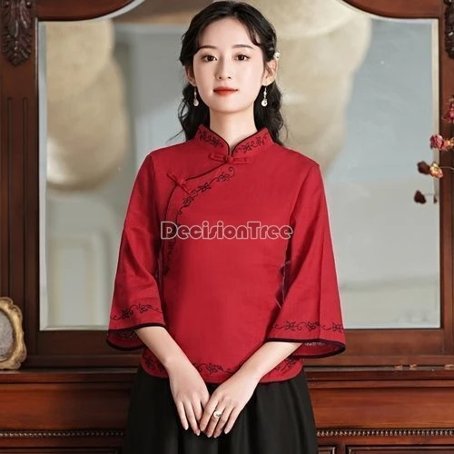 2024 retro literatura sztuka chiński styl zen qipao top prosta szykowna haftowana bluzka studenci kampus codzienny temperament qipao top