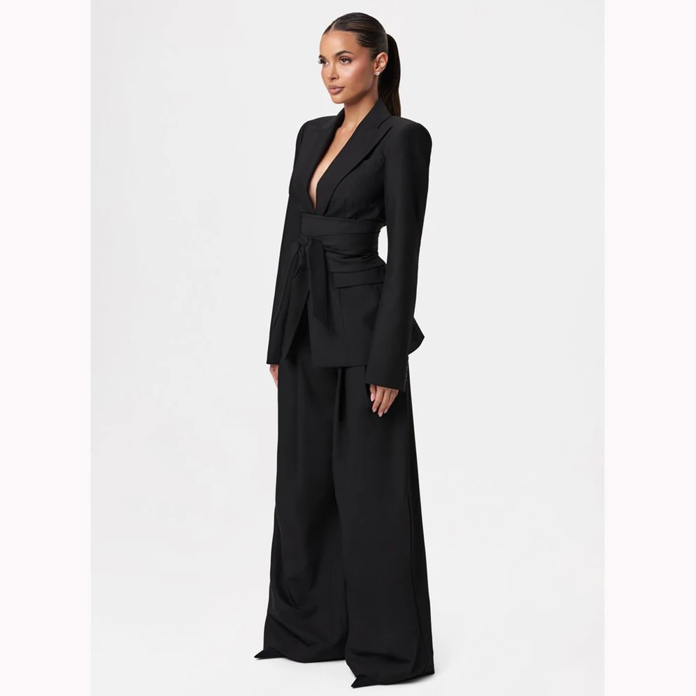 

Black Women Suit with Cinched Waist Single-grain Buckle Peaked Lapel Two Pieces(Jacket+Pants) Business Office Lady Set Custom