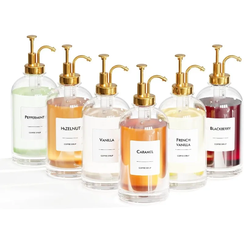 

Набор диспенсеров для кофейного сиропа на 16,9 унции/500 мл — 6 стеклянных бутылок с золотым насосом и этикетками для сиропа — точное дозирование и стильный A