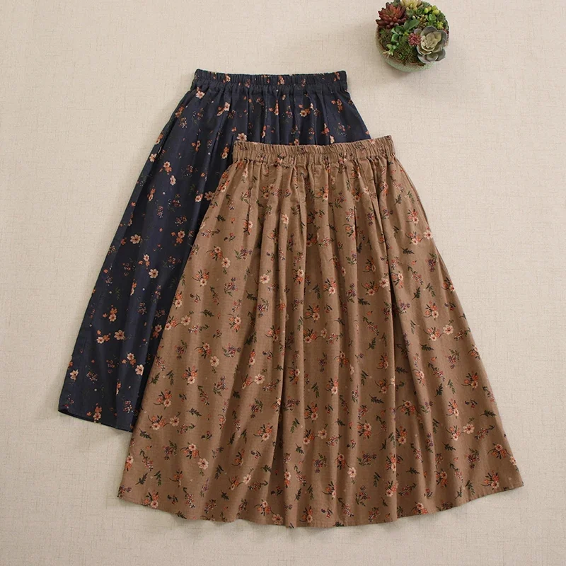 

Summer Japan Style Mori Girl Vintage Floral Print Skirt Cotton Linen Skirts Women Elastic Waist Casual Loose Midi Skirts