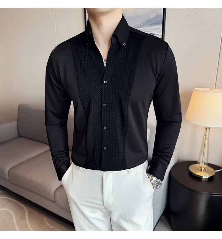 Patchwork Designer Vintage Men Shirt Wedding White Long Sleeve Shirt Solid Color V-neck Stretch Draped Traceless Shirt Black 4xl