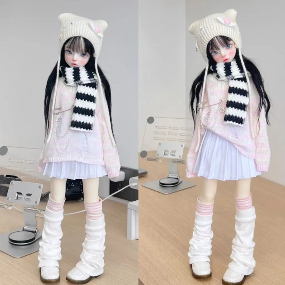 Alta qualidade moda listrado camisola roupas mini boneca bonito chapéu de malha diy acessórios meias capa para 1/4 bjd 45cm bonecas