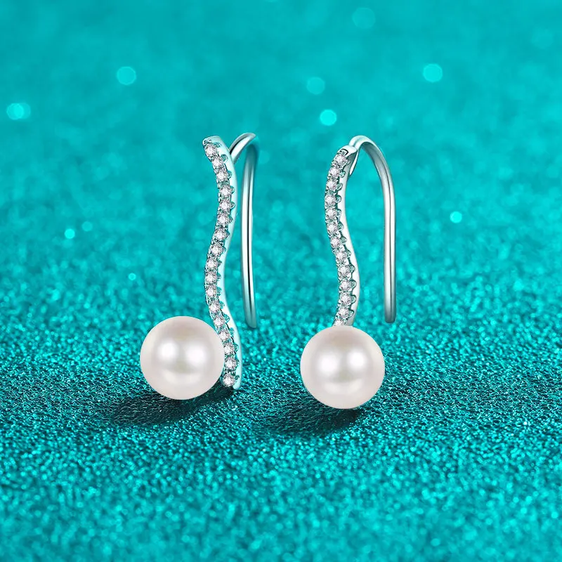 S925 Sterling Silver Moissanit Diamond 7mm Pearl Drop Earrings for Women