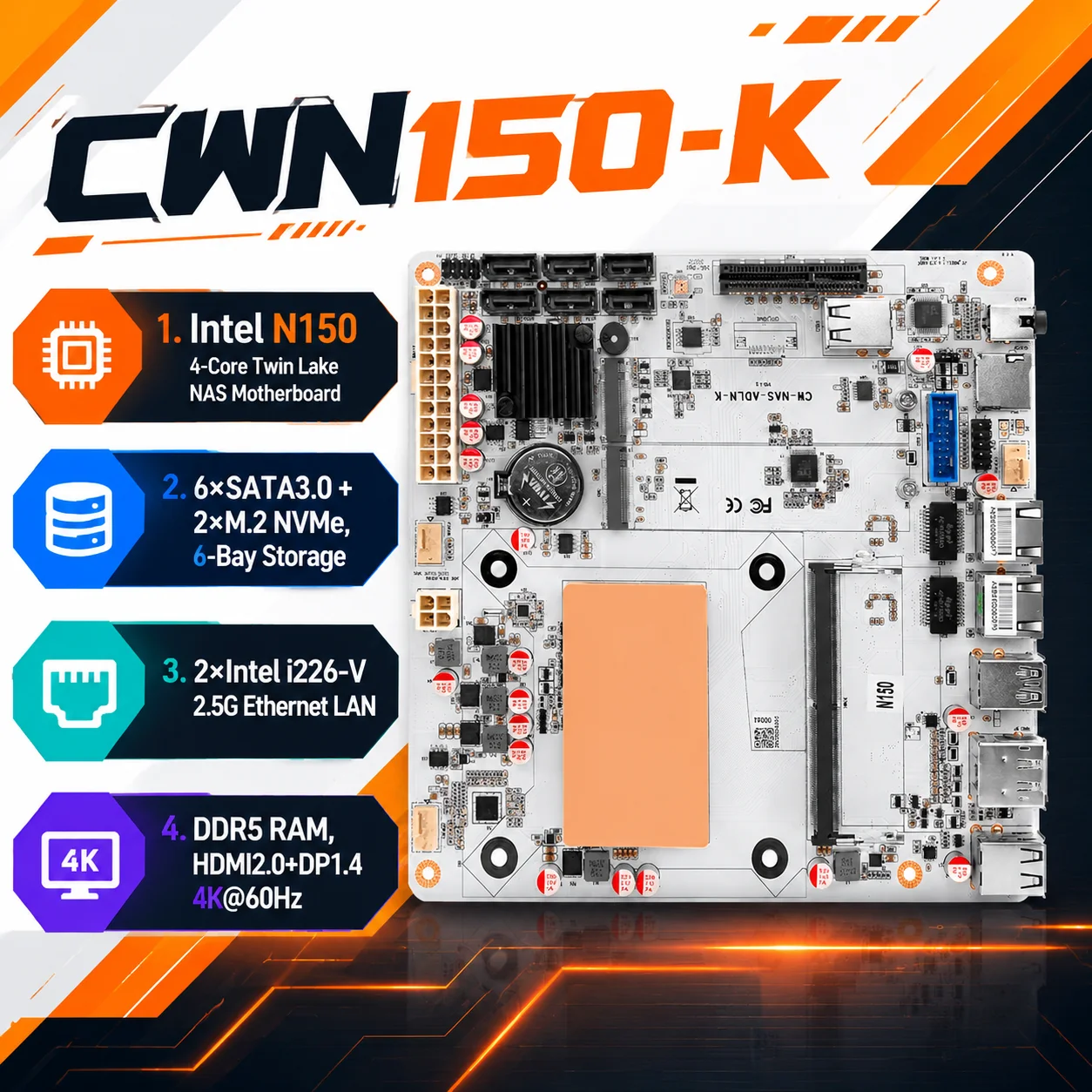 N150 K 6 Bay Intel  Twin Lake Firewall 1*PCIEx4 2*Intel i226-V 2.5G 2*M.2 NVMe 6*SATA3.0 DDR5 Mini ITX NAS Mainboard